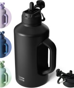 BOTTLE BOTTLE Isolierte Wasserflasche mit Strohhalm und doppeltem Deckel, Sport-Edelstahl-Wasserflasche für Herren, mit Griff, Vakuum-Edelstahl, für Workout und Sport, 1,8 l, Schwarz