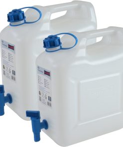 2er Set Hünersdorff Wasserkanister 12 Liter in Natur mit blauen Hahn zum Ausgießen